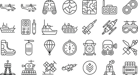 Military Defense and Tactical Equipment Outline Icon Set Army Surveillance Vector