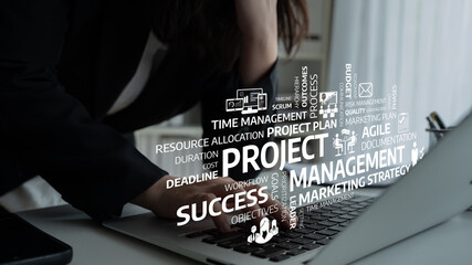 This image illustrates essential concepts in project management, showcasing success elements, agile methods, and strategic planning to inspire modern professionals in business. Tessel