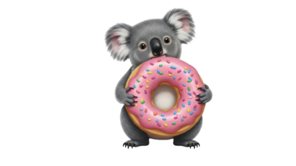 Cute koala bear holding a pink donut isolated PNG with Transparent Background