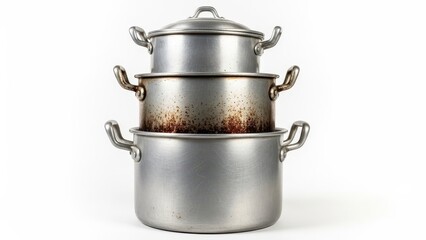 Stack of three metal cooking pots with lids, isolated on a white background.