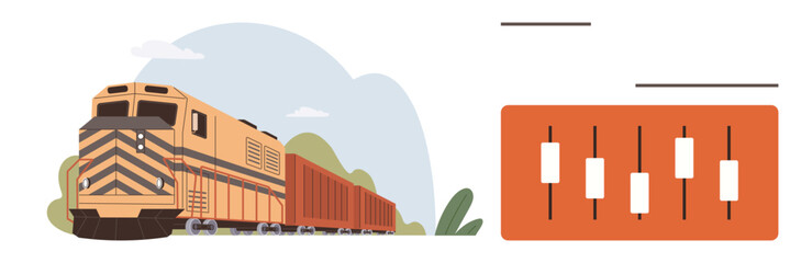 Cargo train moving past greenery paired with candlestick chart highlights transportation, stock market trends, data analysis, financial growth, logistics efficiency, trade, and strategy. Simple flat © robu_s
