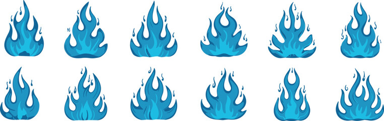 Blue Fire and Blue Flame Cartoon Set, Magical, Cold, and Mythological Heat or Energy Effect Illustrations, Flat Design Vector Collection