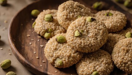 Delicious Sesame Seed Cookies with Pistachio Topping on a Wooden Plate.