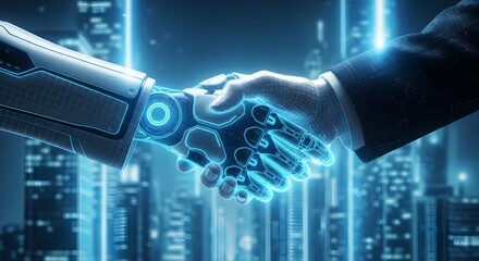 Artificial intelligence robot handshake future technology partnership innovation concept