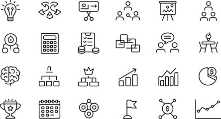 Fototapeta premium Business Analytics and Workflow Outline Icon Set Strategy Data and Team Vector
