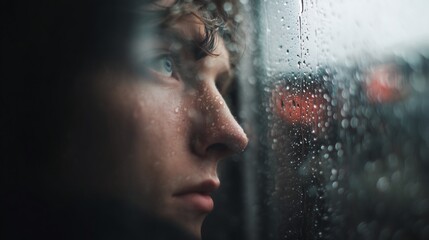 Conceptual portrait of a young individual gazing pensively through a rain-streaked window, evoking deep contemplation, solitude, and introspective emotion with beautiful cinematic lighting.