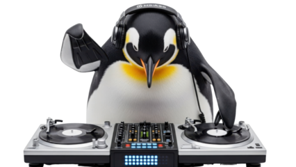Penguin DJ mixing music with turntables and audio mixer isolated PNG with Transparent Background