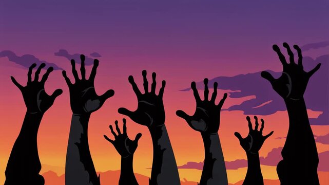 Zombie Hands Rising Sunset Silhouette Horror Illustration Background