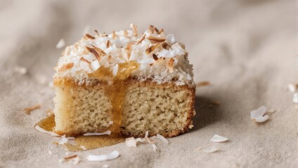 Delicious Slice of Caramel Coconut Cake with Toasted Flakes.