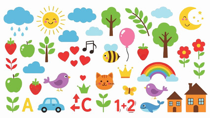 Big set of colorful cute children's vector icons. Cartoon nature, animals, education symbols collection.