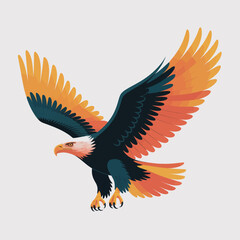 A vibrant illustration of an eagle soaring through the sky, showcasing its majestic wings with hues of black, orange, and yellow, symbolizing freedom and strength.