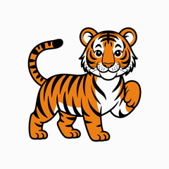 A cheerful cartoon tiger character with an appealing smile and playful posture, perfect for children's illustrations, educational materials, or playful themes.
