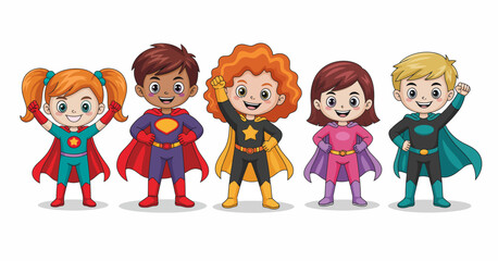 A lively group of cheerful children dressed as superheroes stands confidently, showcasing their unique costumes and embodying the spirit of friendship, adventure, and imagination.