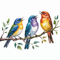 Three vibrantly colored birds perched on a branch, singing beautifully, showcasing nature's stunning artistry and the harmony of wildlife in their colorful plumage.