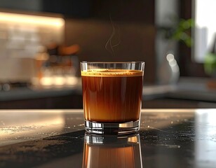 Close-up of a steaming espresso in a glass on a countertop, with a blurred kitchen background