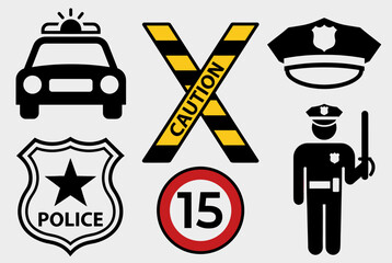 Collection of police and safety icons including a patrol car, caution tape, officer's hat, badge, speed limit sign, and a police officer silhouette.