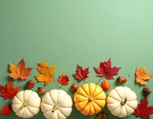 A vibrant autumn still life featuring pumpkins, colorful leaves, and acorns on a green backdrop