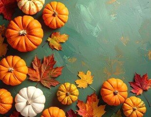 Overhead shot of a festive seasonal composition featuring pumpkins and colorful fall leaves