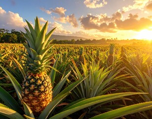 A field of pineapple plants basks in the golden sunlight of dawn, with a mountainous backdrop