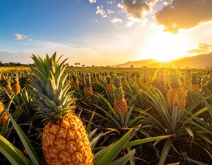 Field of pineapples bathed in golden sunlight at sunset. Rolling hills create background