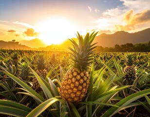 Field of pineapples bathed in golden sunlight at dawn, with mountains and cloudy sky