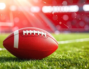 A close-up of a football on a green field with stadium seating in the background bathed in sunlight
