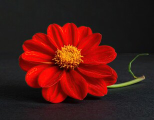 Close-up of vibrant red petals, yellow center, green stem against a dark textured background