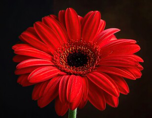 A vibrant red Gerbera daisy, in full bloom, against a dark, blurred background