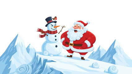 joyful snowman stands next to Santa Claus on a snowy mountain ridge with dramatic peaks and crisp winter skies, creating a strong Christmas adventure mood