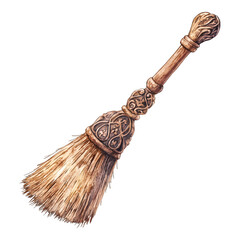 Fototapeta premium Ornate Hand-Carved Wooden Witch Broom Besom Vector Illustration