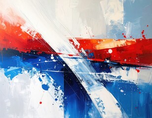 Bold abstract art with sweeping lines and contrasting colors of red, white, and blue