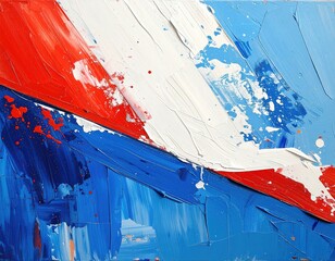 Bold, textured abstract with red, white, and blue hues. Thick brushstrokes create dynamic movement
