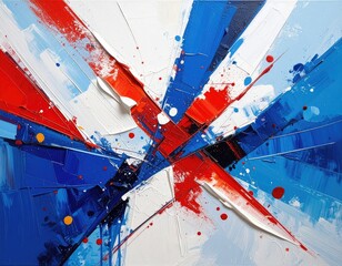 Abstract oil painting with vibrant, overlapping strokes in red, white and blue, creating radial design