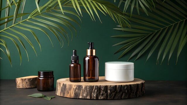 Natural skincare products in amber bottles with tropical leaves - Powered by Adobe