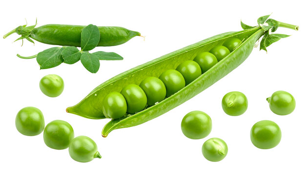 Close-up of green pea pods, one open to show the peas, scattered, against black