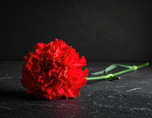 Close-up of vibrant red flower with stem on a dark textured surface