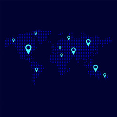 World map with square dot. Аbstract dotted squares world map on dark blue background. Pixels silhouette worldmap. Simple flat wallpaper. Planet with continents for design print. Vector illustration