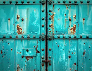 Close-up of weathered, turquoise-painted iron doors, showing rust and rivets