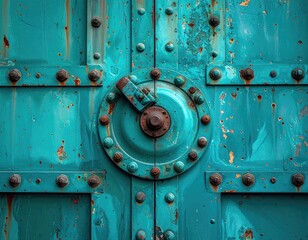 Close-up of weathered, turquoise metal door with aged rivets and circular, rusty center lock