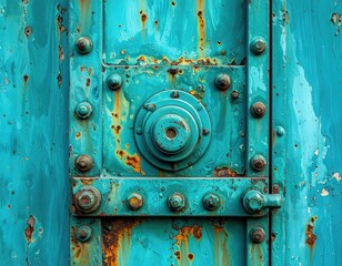 Close-up of weathered turquoise metal, showing bolts, rust, and circular mechanism