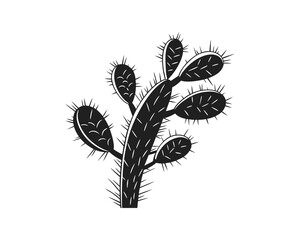 A detailed, high-contrast illustration of a prickly pear cactus with numerous spines, rendered in a dark, textured style against a white background