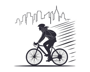 A stylized silhouette of a person on a bicycle rides past a city skyline with dynamic lines suggesting movement and speed.