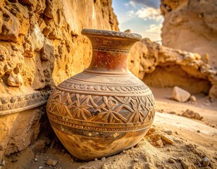A weathered clay vessel with intricate carvings rests against a sunlit, eroded stone structure