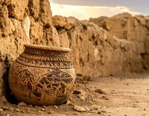 Ancient earthenware pot with intricate designs next to weathered stone wall in arid setting