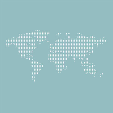 World map with square dot. Аbstract dotted squares world map on dark blue background. Pixels silhouette worldmap. Simple flat wallpaper. Planet with continents for design print. Vector illustration