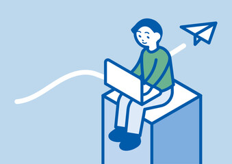 お問い合わせに対応するリモートのビジネスマンと紙飛行機