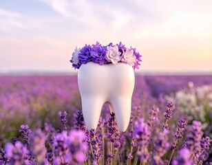 White tooth with floral crown set amidst vibrant lavender field at sunset