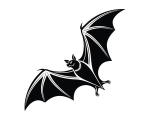 A graphic illustration of a black bat in mid-flight, its wings spread wide, with a white outline highlighting its form