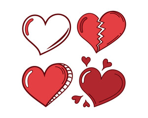 A set of four distinct heart illustrations, including a whole heart, a broken heart, a textured heart, and a heart with smaller hearts emanating from it