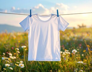 White t-shirt hangs on a clothesline, held by blue clothespins, with a field in background